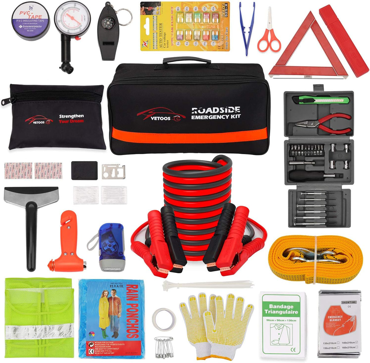 Car Emergency Roadside Kit with Jumper Cables, Auto Vehicle Safety Kits