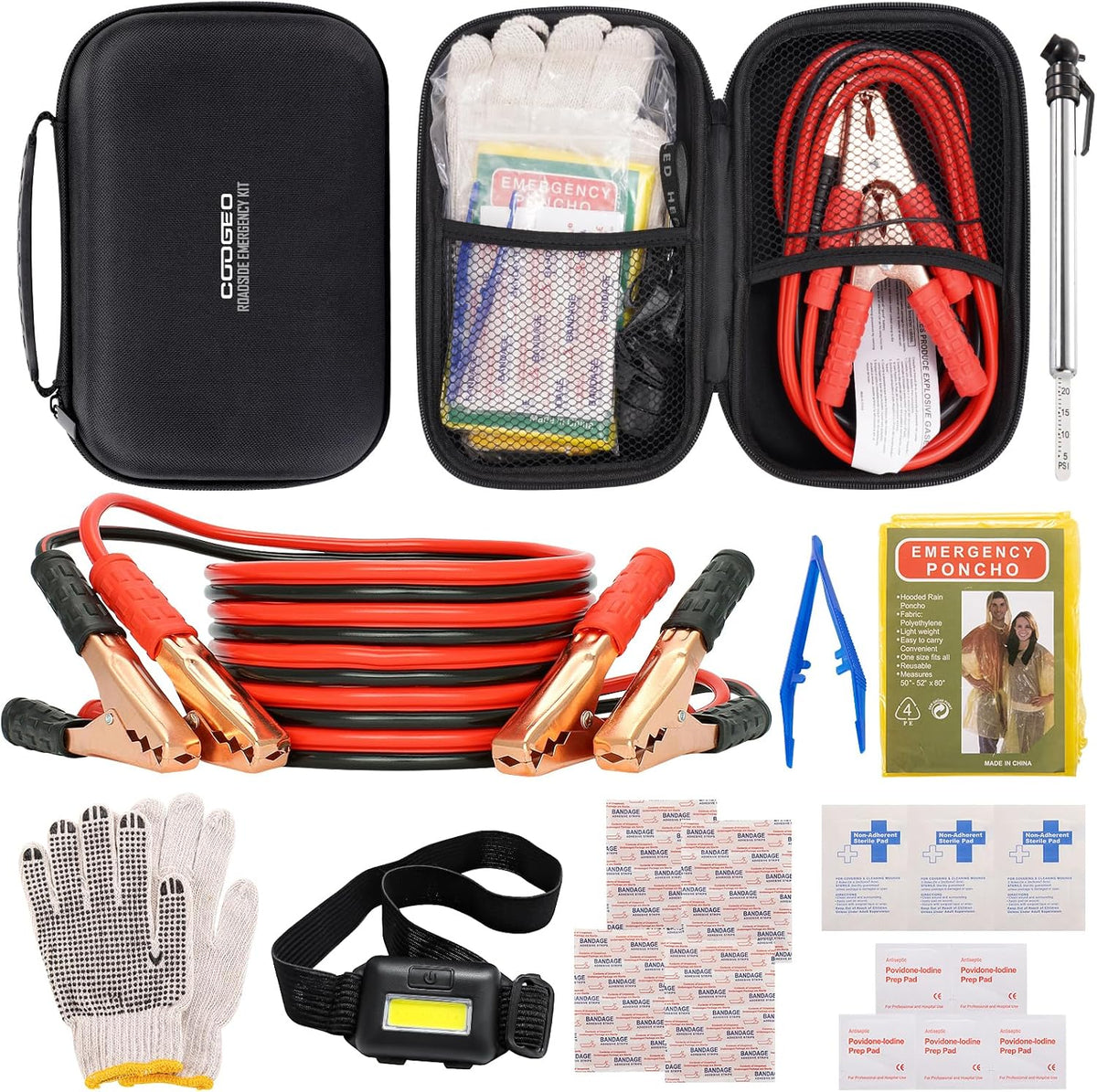 15PC Car Emergency Kit with Jumper Cables, First Aid, Black