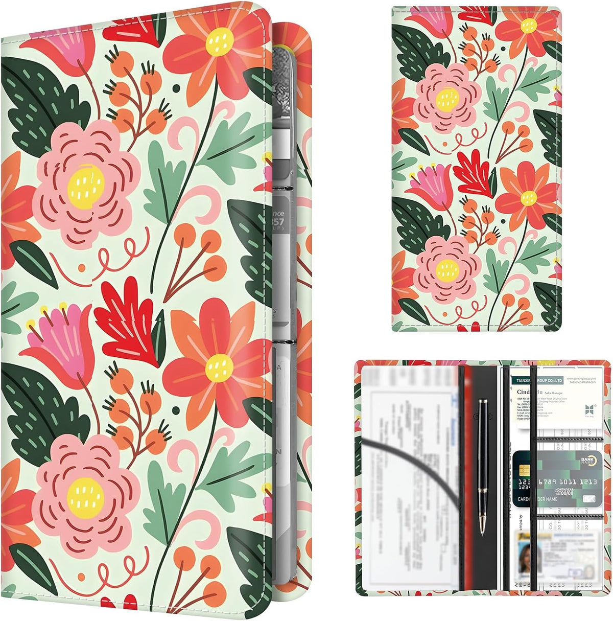Premium Car Registration and Insurance Card Holder, Cute PU Leather Car Document Holder, Vehicle Glove Box Car Organizer with Magnetic Closure for Driver License, Cards Stripe Floral