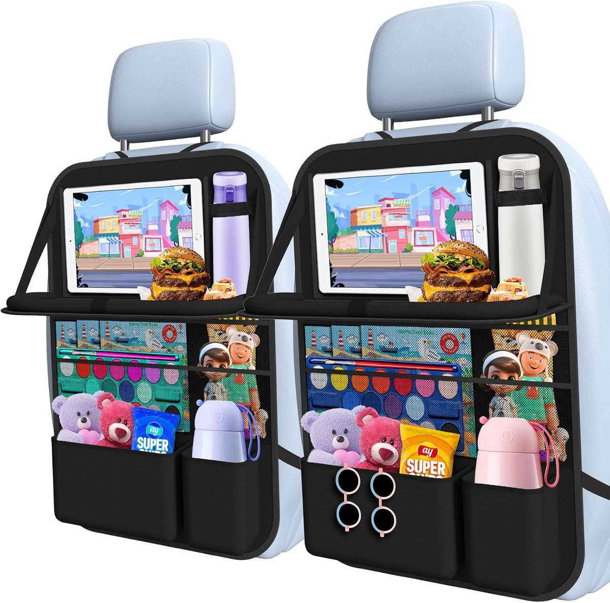 1 Pack Car Backseat Organizer with Tray, Tablet Holder for Kids Trip