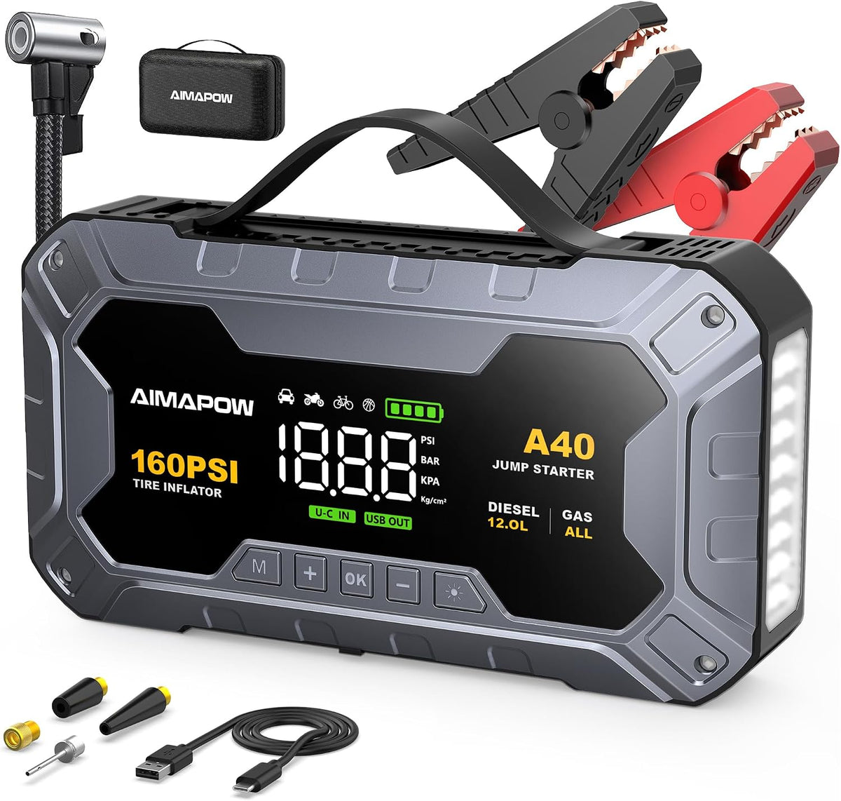 AIMAPOW Portable Car Battery Jump Starter 8000A Jump Box, Car Jumper Starter Portable Jumper Cables for car(AllL Gas/10L Diesel), Fast Charge, Lights, Compact