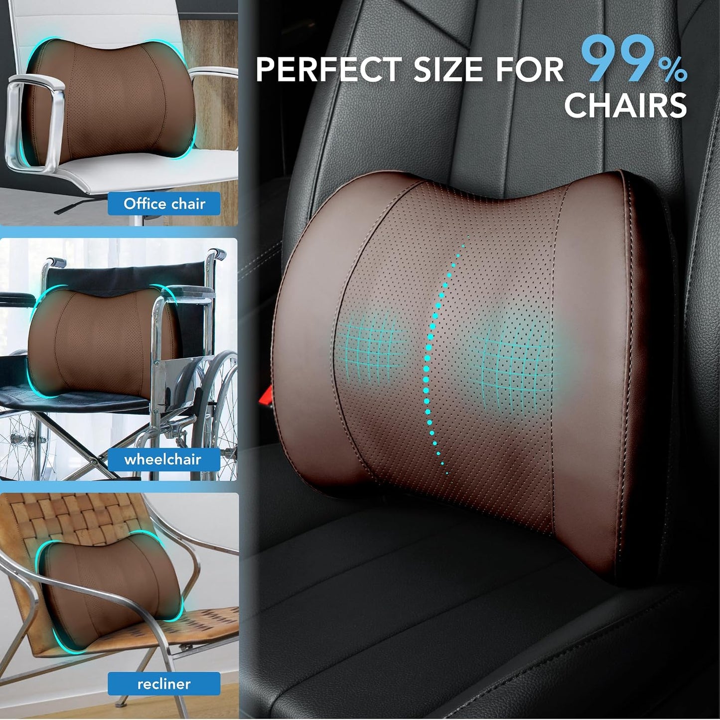 Lofty Aim Lumbar Support Pillow for Car, Car Seat Back Support for Driving | Memory Foam Car Lumbar Support for Driving Seat, Car Back Cushion, Adjustable Straps, Lower Back Pillow, PU Leather, Brown