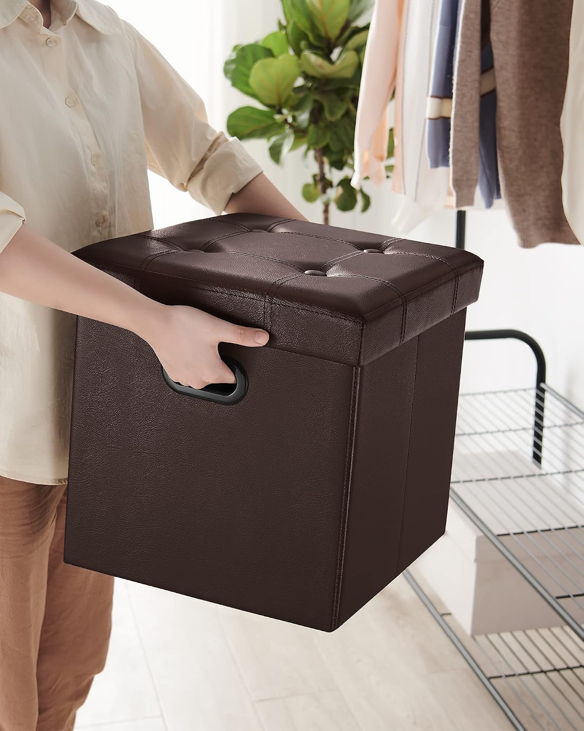 SONGMICS MAZIE Collection - 15 Inches Ottoman with Storage, Footstool, Storage Ottoman with Metal Grommet Handles, Load 660 lb, for Dorm, Living Room, Bedroom, Synthetic Leather, Brown ULSF30Z