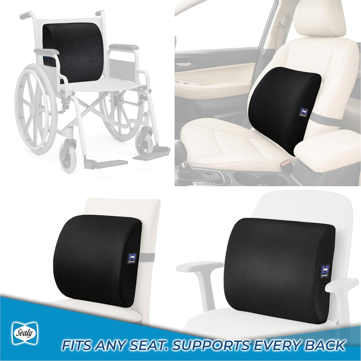 Sealy Lumbar Support Pillow for Office Chair and Car Seat - Lower Back Pain Relief, Memory Foam Lumbar Pillow & Back Brace Support Posture Corrector