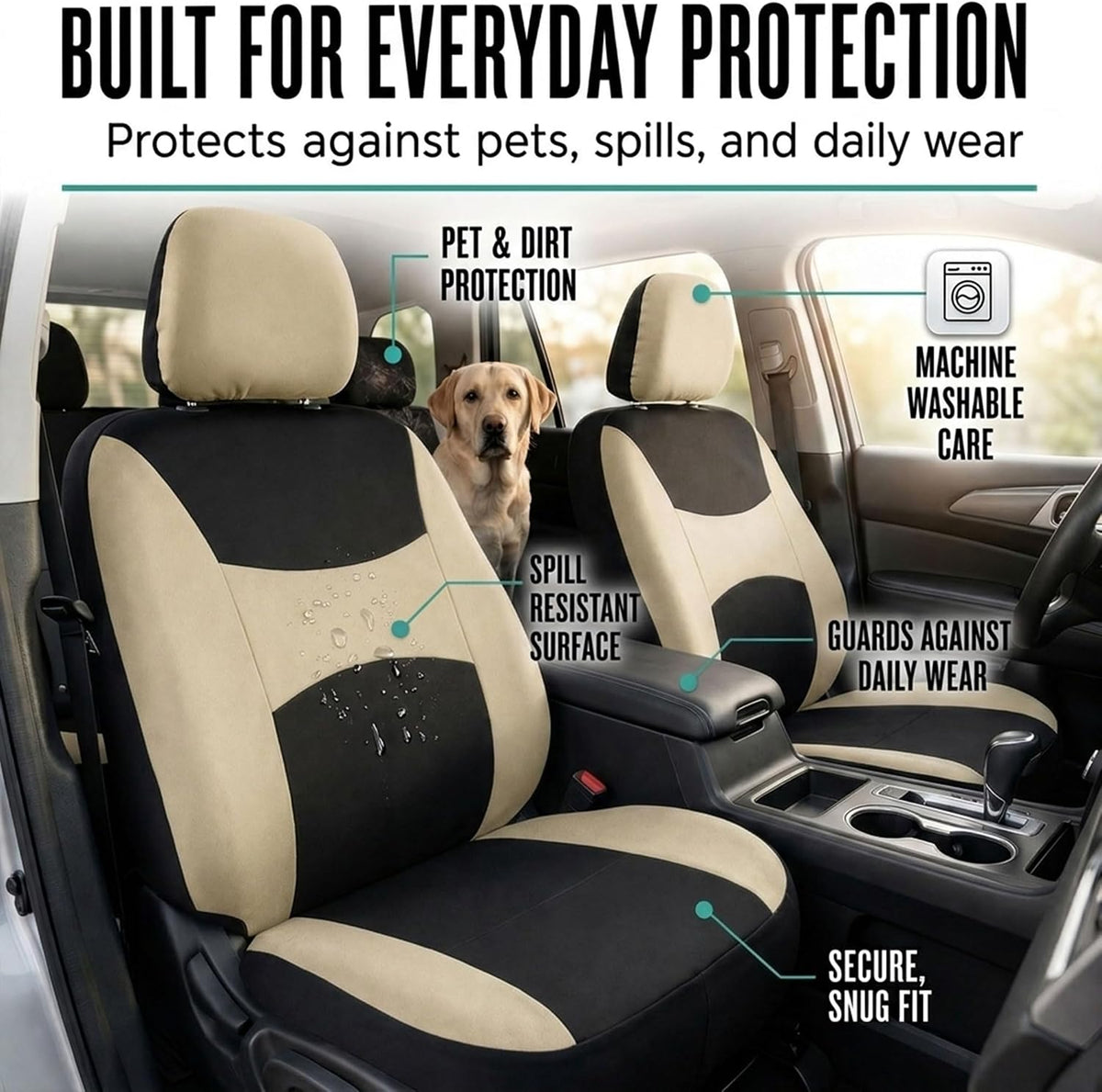 Automotive Seat Covers Beige Black Universal Fit Seat Cover Combo Set with Steering Wheel Cover and Seat Belt Pad (Airbag Compatible and Split Bench)