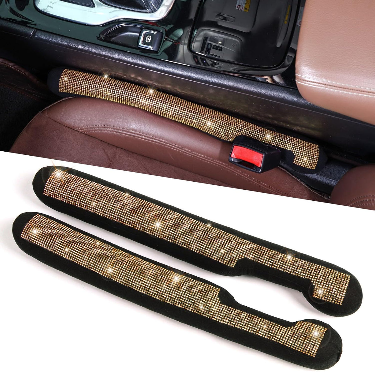 ToBeQueen Car Seat Gap Filler Black, Bling Car Accessories for Women Universal Fit for Car Truck SUV, 2 Pack Handmade Crystal Rhinestone Diamond Seat Gap Blocker Stop Things from Dropping(Black)