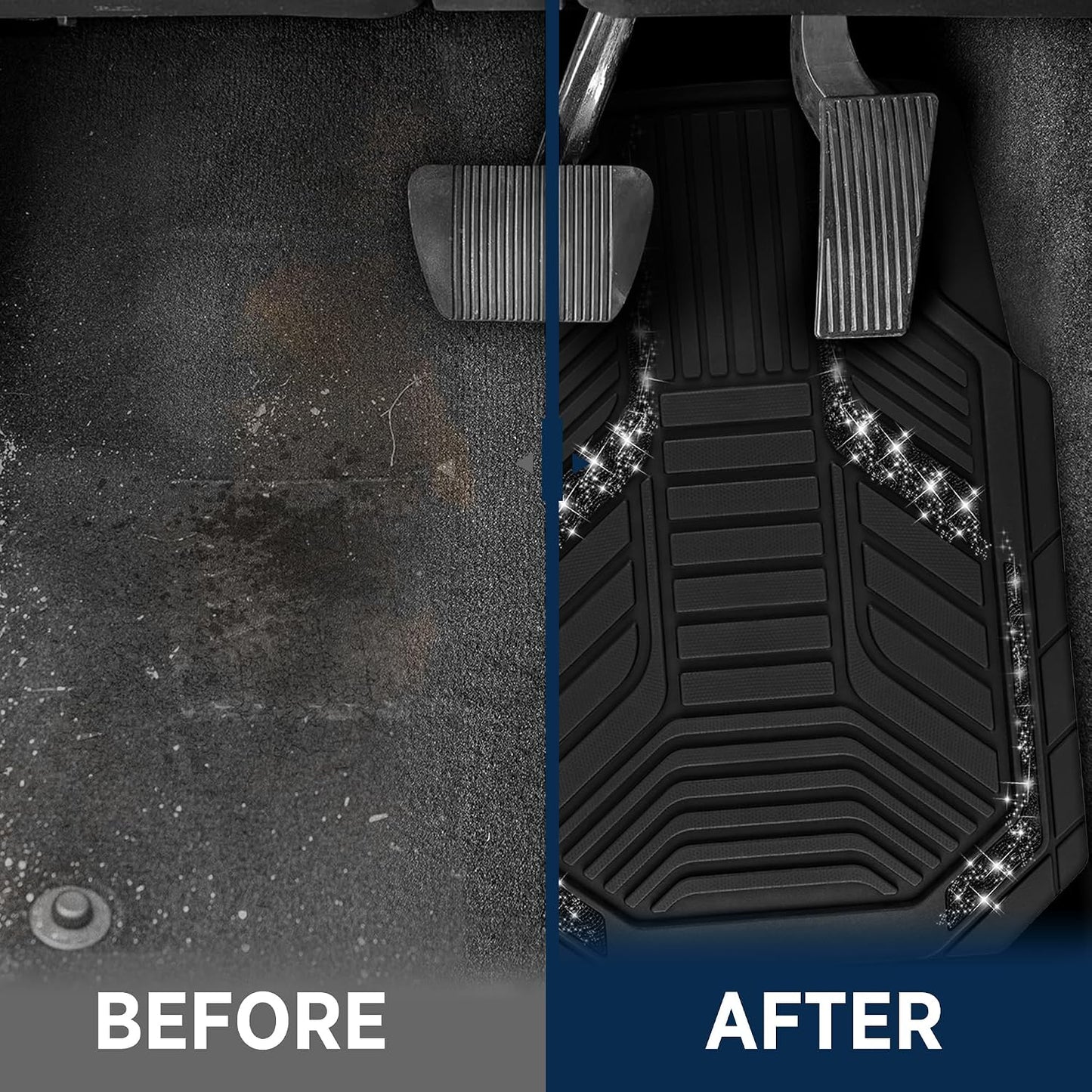 PIC AUTO Car Floor Mats, Black Sparkly Crystal Bling Glitter Car Mats Set, Front and Rear Heavy Duty Rubber Car Mats with Anti-Slip Backing, All Weather, Trim-to-Fit for Automotive SUVs, Sedan, Vans