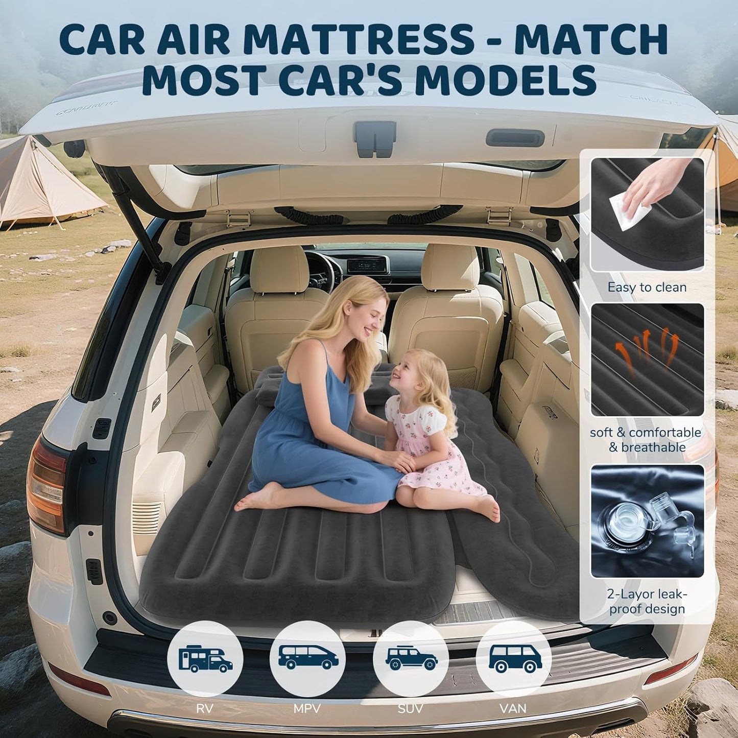 dessports SUV Air Mattress Inflatable Travel Bed: Foldable - Portable Car Inflatable Bed Camping & Road Trips - Thickened Car Air Mattress for Back Seat with Carry Bag & Cup Holder & 2 Pillows