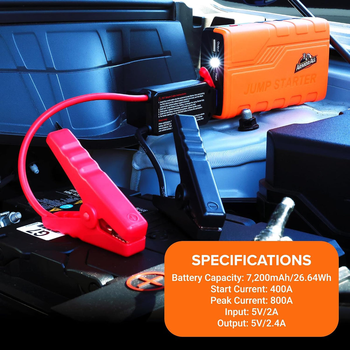 Armor All Car Jump Starter Emergency Power Bank Kit, 800 Amp Peak, 2.4 Amp Phone Charge USB Port, LED Light, Strobe, SOS, Overcharge & Discharge Protection, 7200mAh, For Cars Trucks Motorcycles & More