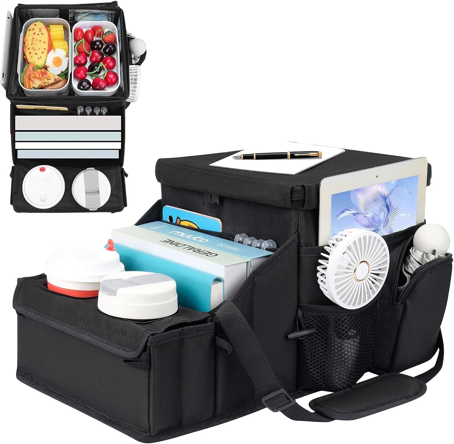 Car Hop Front Seat Organizer with Cup Holder, Movable Divider & Side Pockets, Passenger Seat Storage Caddy for Road Trip, Travel, Work or Kids, Blue