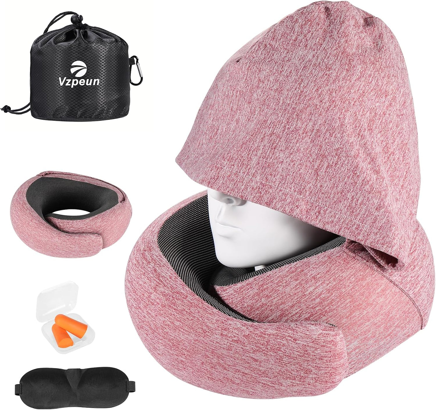 Travel Pillow - Hooded Neck Pillow Airplane Memory Foam Filling for Plane, Office, Cars Sleeping, Road Trip, Long Flights, Airplane Travel Essentials, Includes Eye Mask & Earplugs (Green)