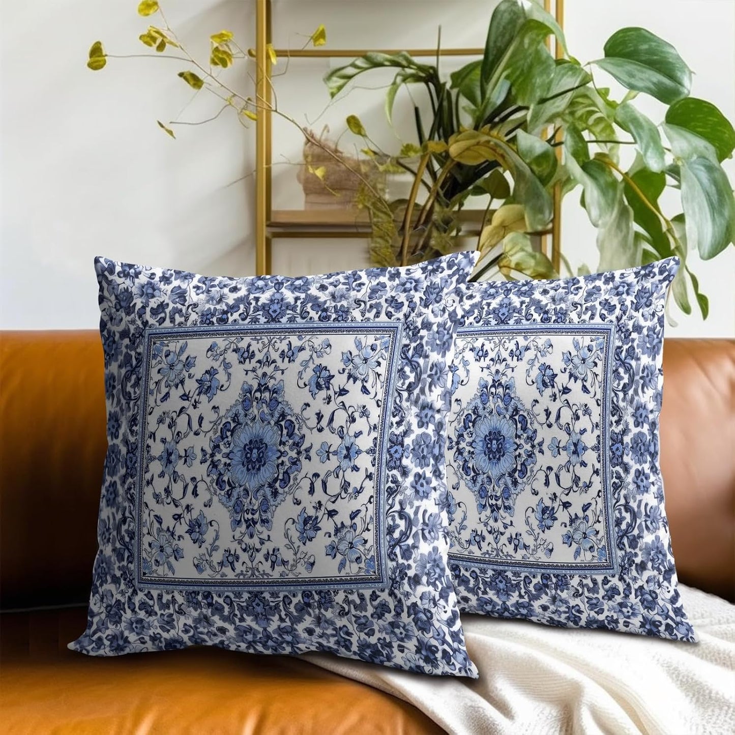 Giwawa Boho Floral Pillow Covers 16x16 Inch Blue Leaves Decorative Pillow Cases Set of 2 Square Throw Pillows for Cushion Sofa Couch Outdoor Decor