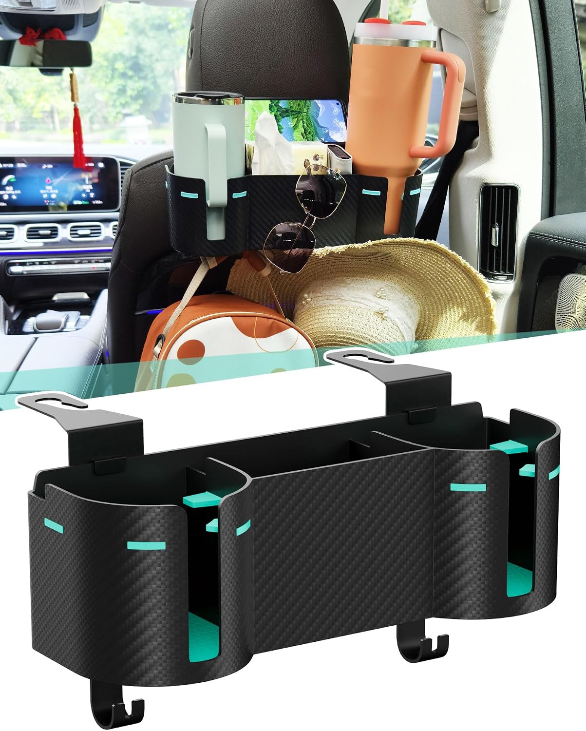 Car Headrest Backseat Cup Holder 3.7" with Organizer, High Capacity 4 in 1 Seat Back Organizer with Headrest Hooks, Multifunctional Storage for Car Travel Accessories Compatible with Most Vehicles