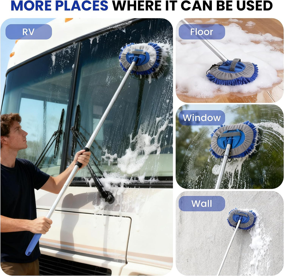 Car Wash Brush with Long Handle, 60'' Car Wash Mop, 7Pcs Chenille Microfiber Cars Washing Kit with Window Squeegee/Microfiber Towels /Wheel Brush for Cars RV Truck Boat Floor Window, Blue