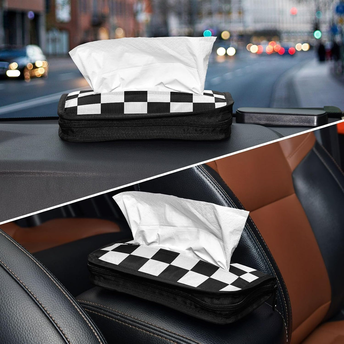 Car Tissue Holder Napkin Box Dispenser Storage Case Sun Visor Mask Holder With Adjustable Straps Reusable Refillable Checkered Black and White