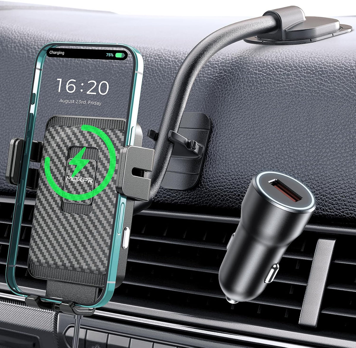 Wireless Car Charger Adjustable Gooseneck Dashboard Car Mount Fast Charging