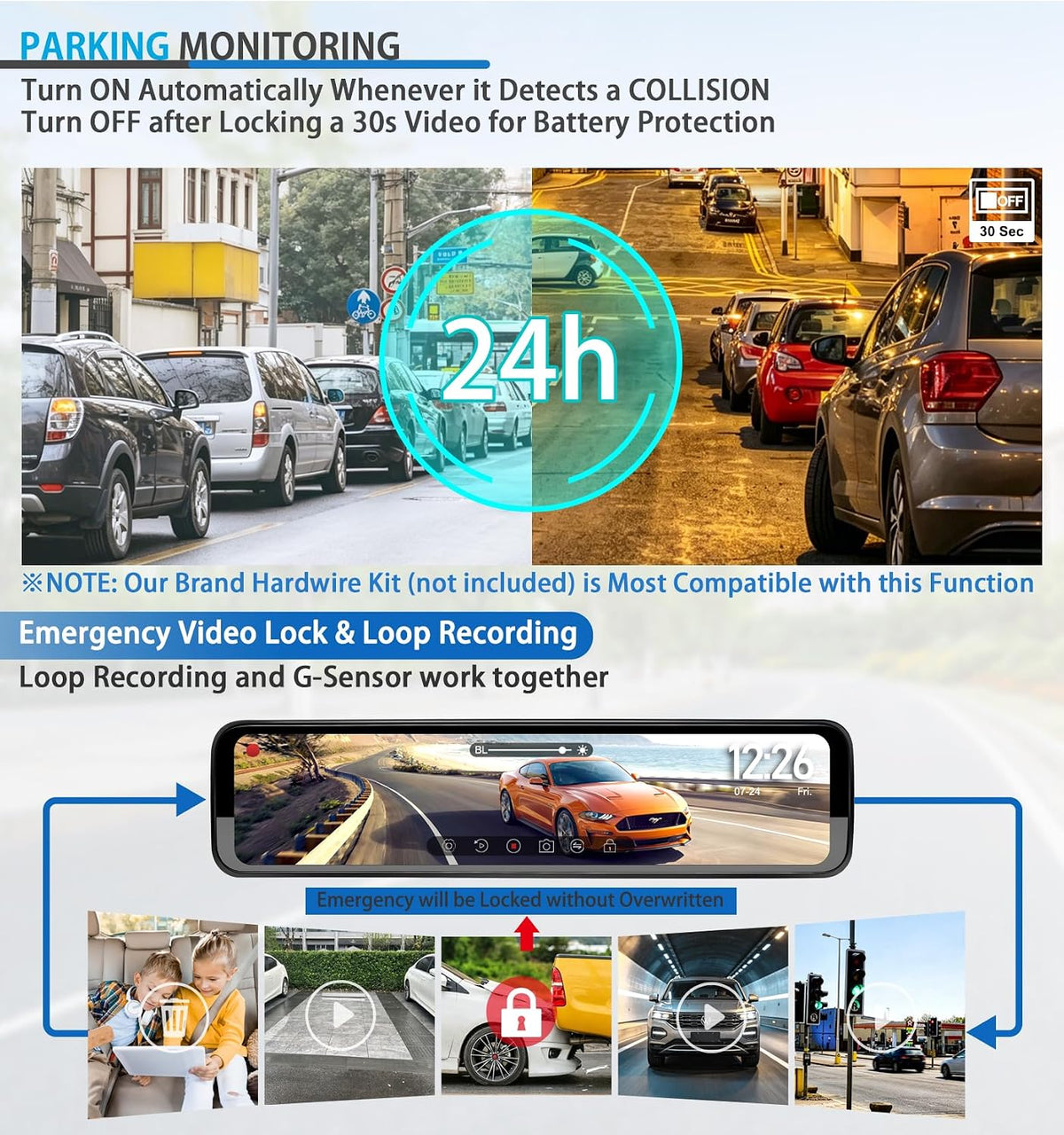 12" Rear View Mirror Dash Cam 3 Channel - Car Rearview Camera Dashcam