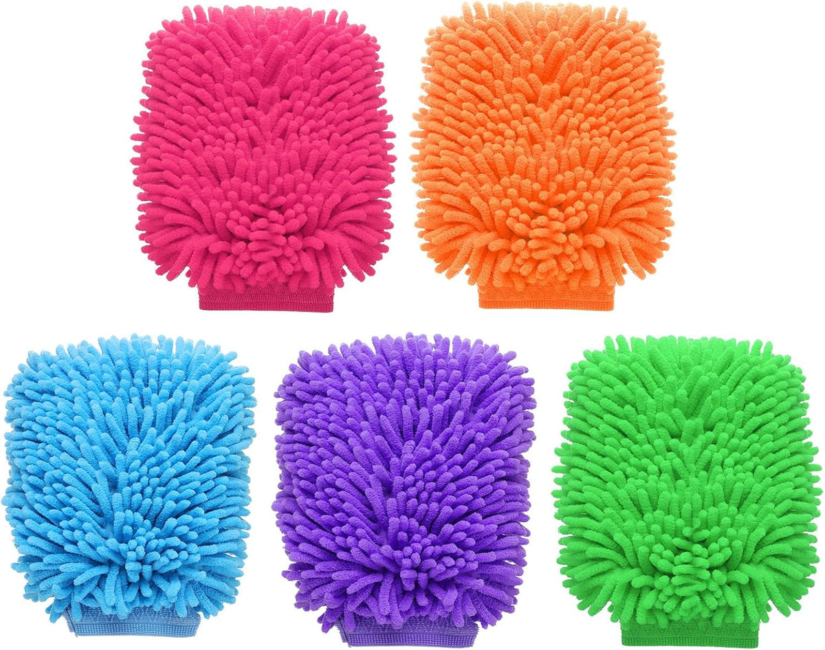 HARFINGTON 5pcs Chenille Microfiber Car Wash Mitts 9" x 5.5" Scratch Free Wash Gloves Absorbent Double Sided Plush Cleaning Drying Mitts for Car Washing Home Clean 5 Colors Mitts