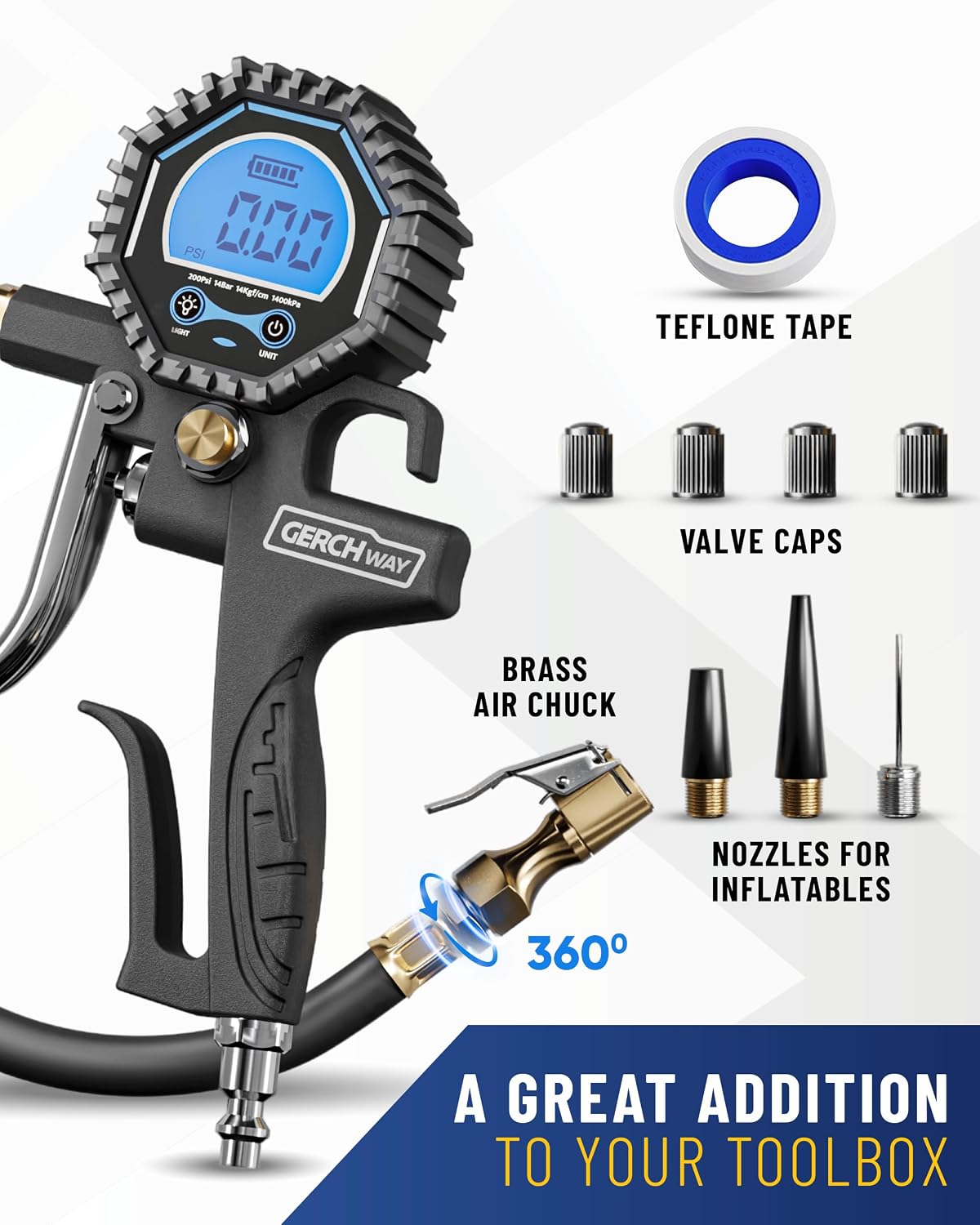 GERCHWAY Digital Tire Pressure Gauge with Inflator for Air Compressor