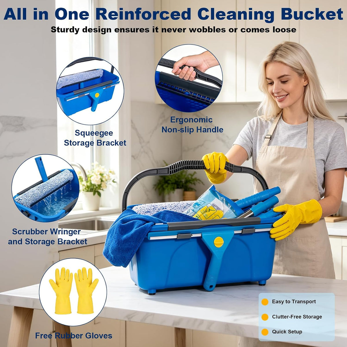 Window Cleaning Kit with Bucket 3 Gallon for Home, Car &RV, Blue
