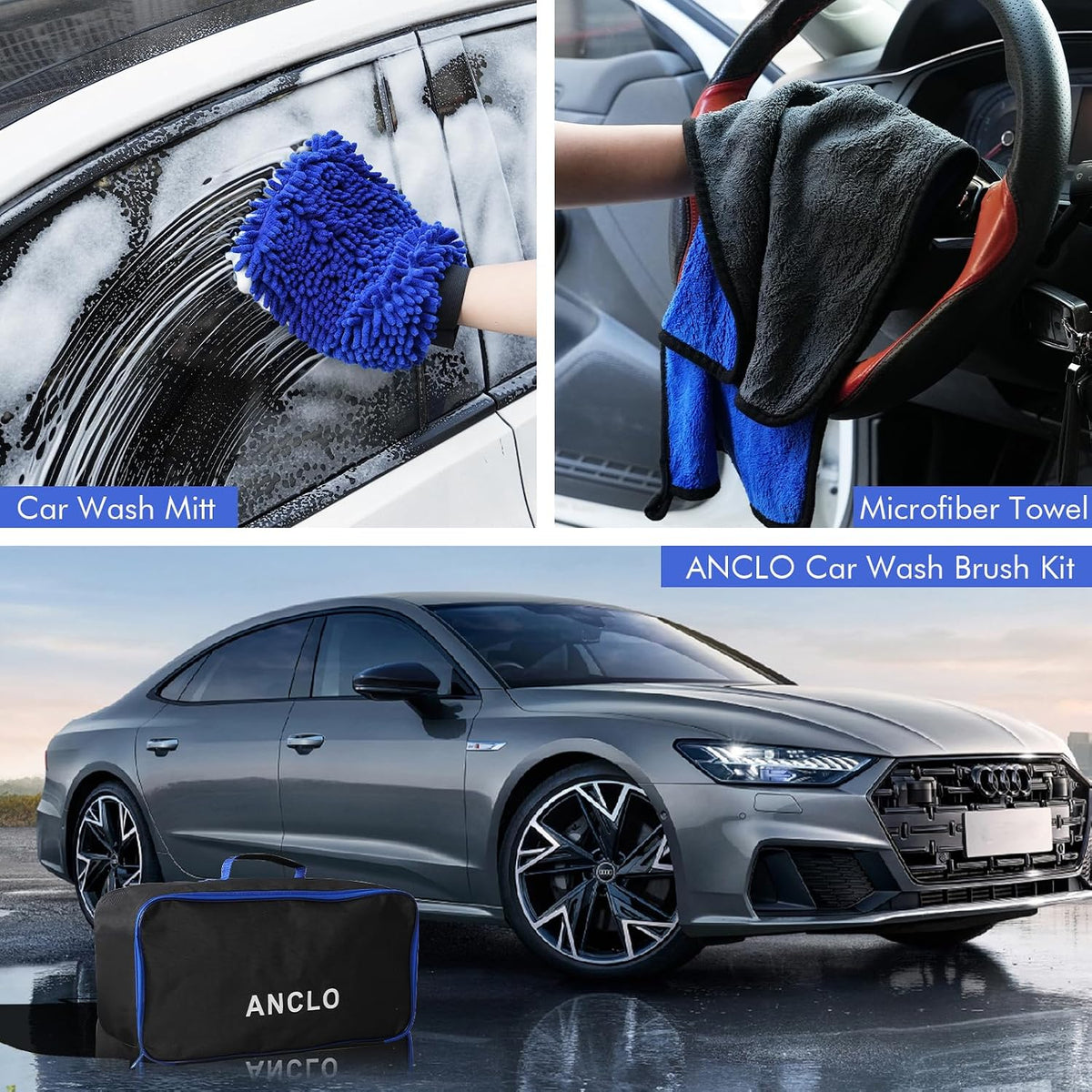 62'' Car Wash Brush with Long Handle, Scratch-Free Car Wash Mop Kit with Car Wash Bucket, Wheel Tire Brush, Wash Mitt Towel, Windshield Squeegee, Car Cleaning Brush Kit for Cars RV Truck Boat