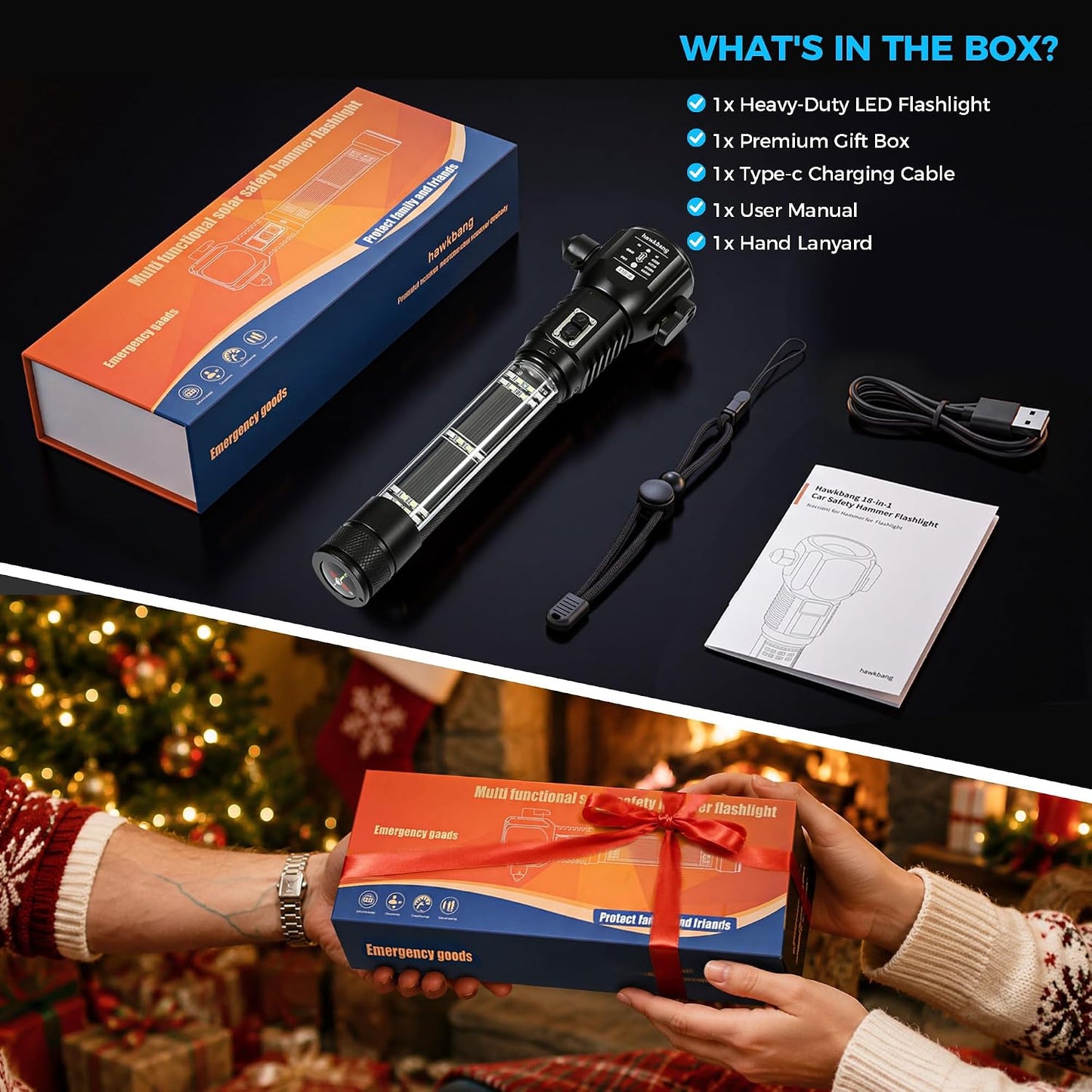 18-in-1 Car Emergency Flashlight, Window Breaker Seatbelt Cutter | 800LM solar/usb flashlight, magnetic base, emergency power bank, electric lighter, 120dB alarm & compass. Ideal driver gift