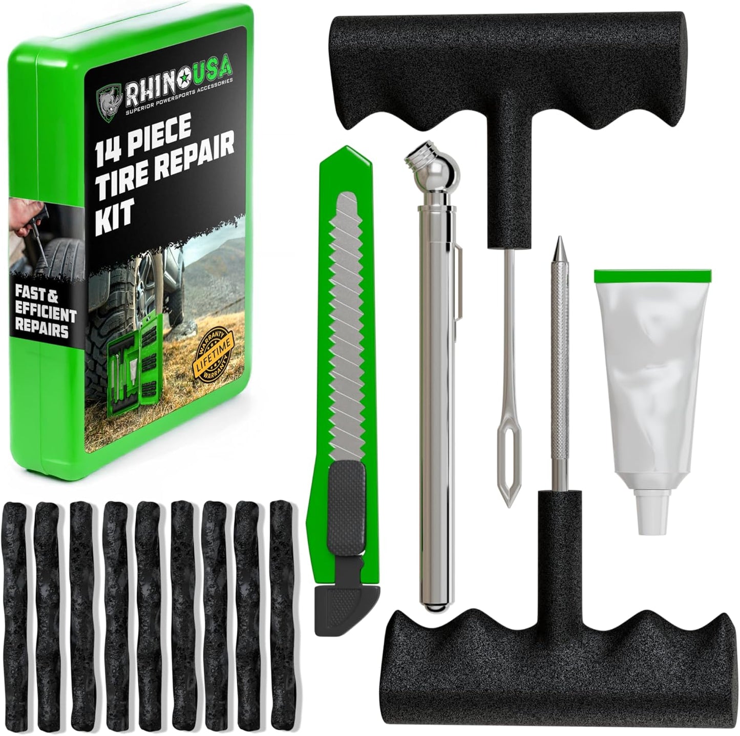 Rhino USA Tire Repair Kit (86-Piece) Professional Heavy Duty Tire Plug Kit to Fix Punctures & Patch Flats with Ease - Ultimate Tubeless Tire Repair Tools for Car, Motorcycle, ATV, UTV, RV and Trailer
