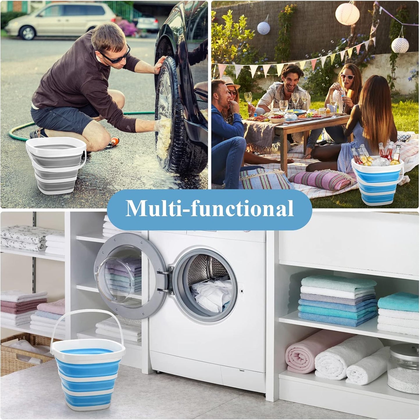 Fasmov 2 Pack Collapsible Plastic Bucket, Portable Cleaning Bucket with Handle, 2.6 Gallon (10L) Foldable Rectangular Tub for Hiking, Backpacking, Camping, Fishing, Car Wash, Gray & Blue