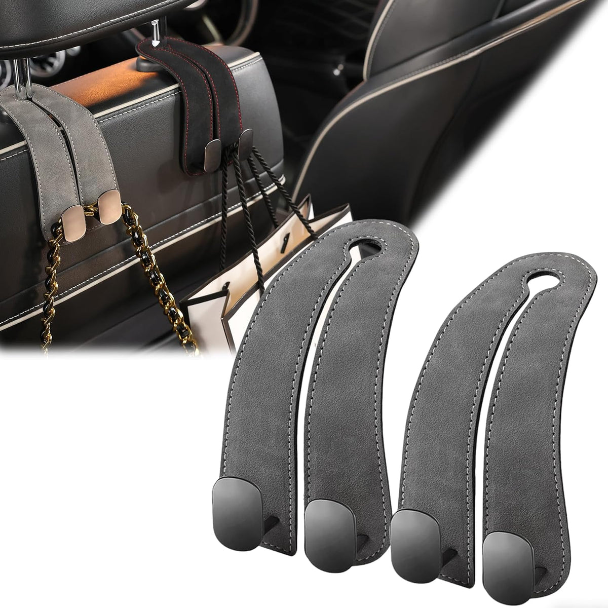 WEIHAO Purse Hook for Car Headrest, Suede Car Seat Back Storage Hook, Aluminum Twin Hooks Leather Car Headrest Hangers, Bag Holder for Sedan, Trucks, SUVs, Most Vehicles (Black-4PCS)