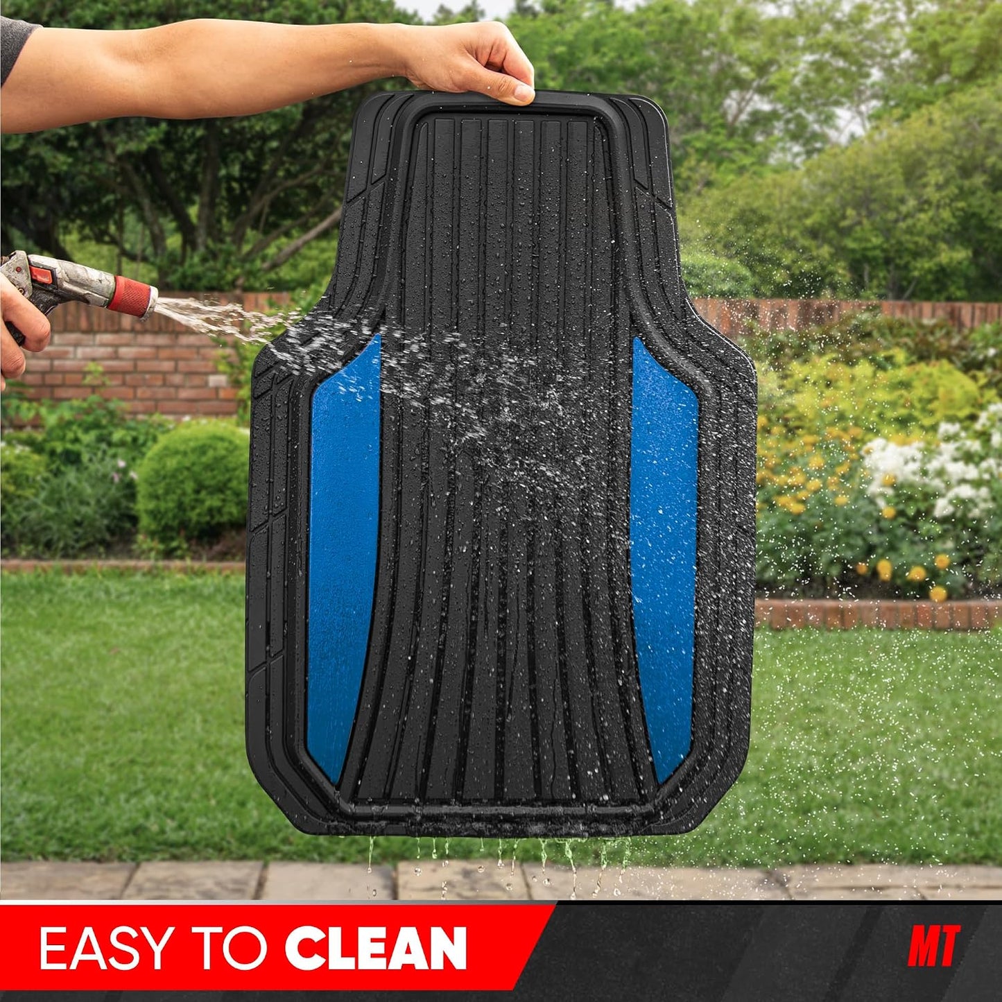 Motor Trend ChromeTech Car Floor Mats Full Set - Durable Rubber Floor Mats for Cars with Two Tone Accent, All Weather Interior Protection for Front and Rear with Non-Slip Backing, Black/Blue