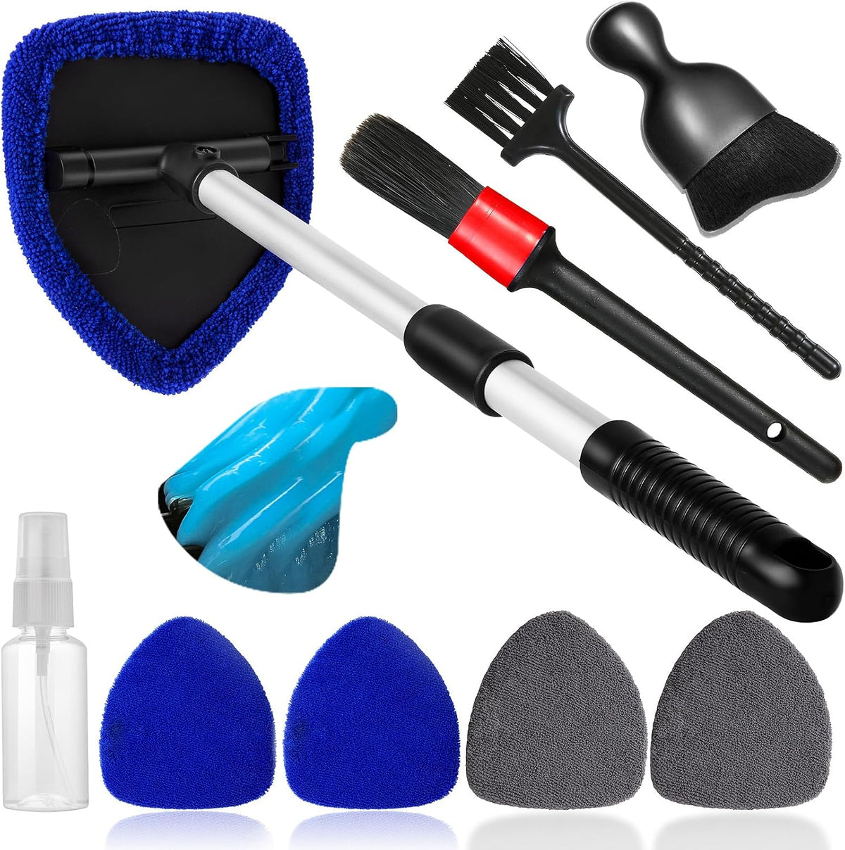 Qydipclin 10pcs Windshield Cleaner Tool, Car Window Cleaning Wash Kit with 4 Reusable Microfiber Pads 1 Spray Bottle and Extendable Handle Auto Glass Wiper Kit, Orange