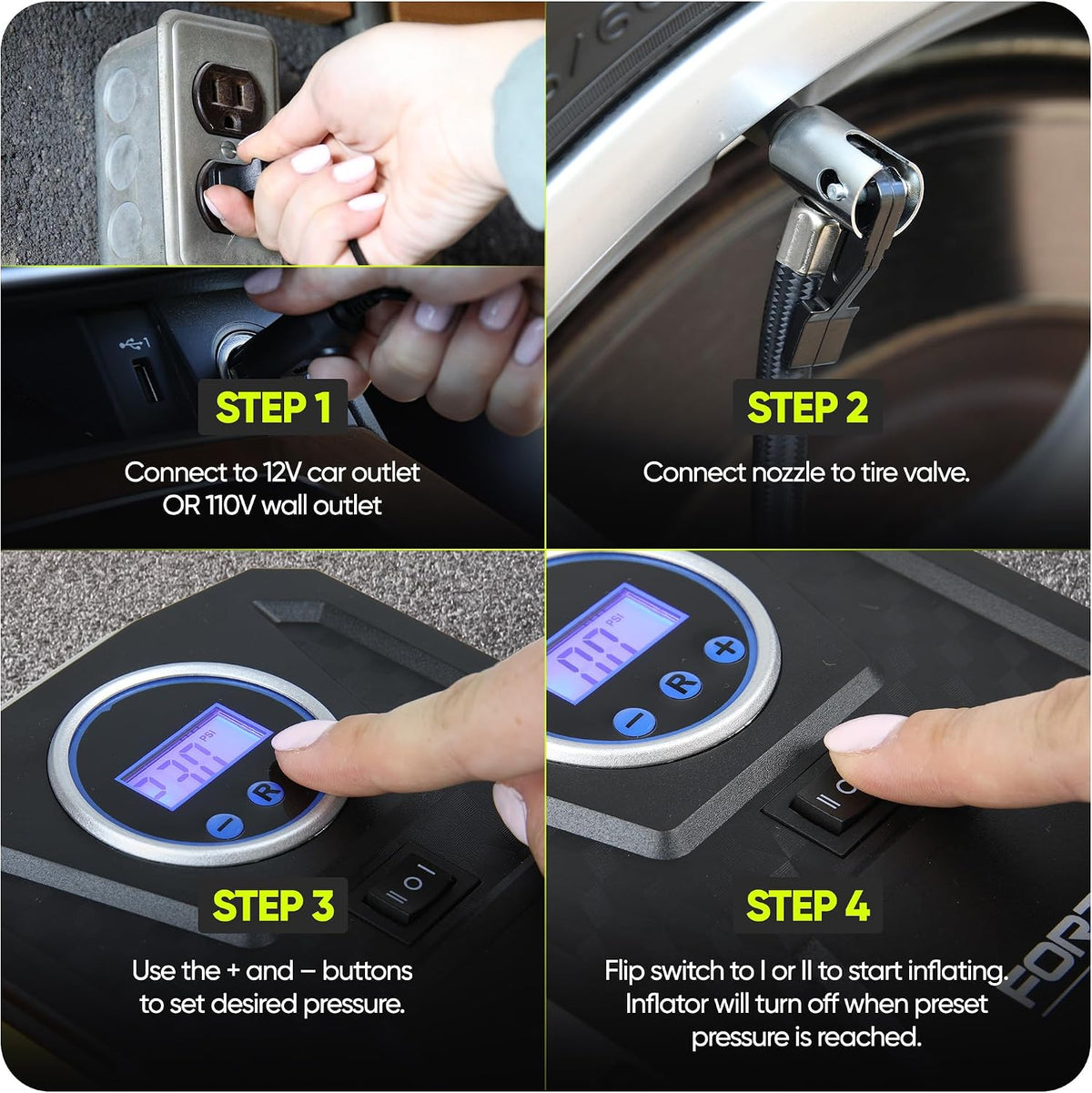 FORTEM Tire Inflator Portable Air Compressor, Air Pump for Car Tires and Bikes, Car Tire Pump w/Auto Shut Off, 150 PSI, 110V AC 12V DC, LED Light, Carrying Case, Perfect for Men, Women