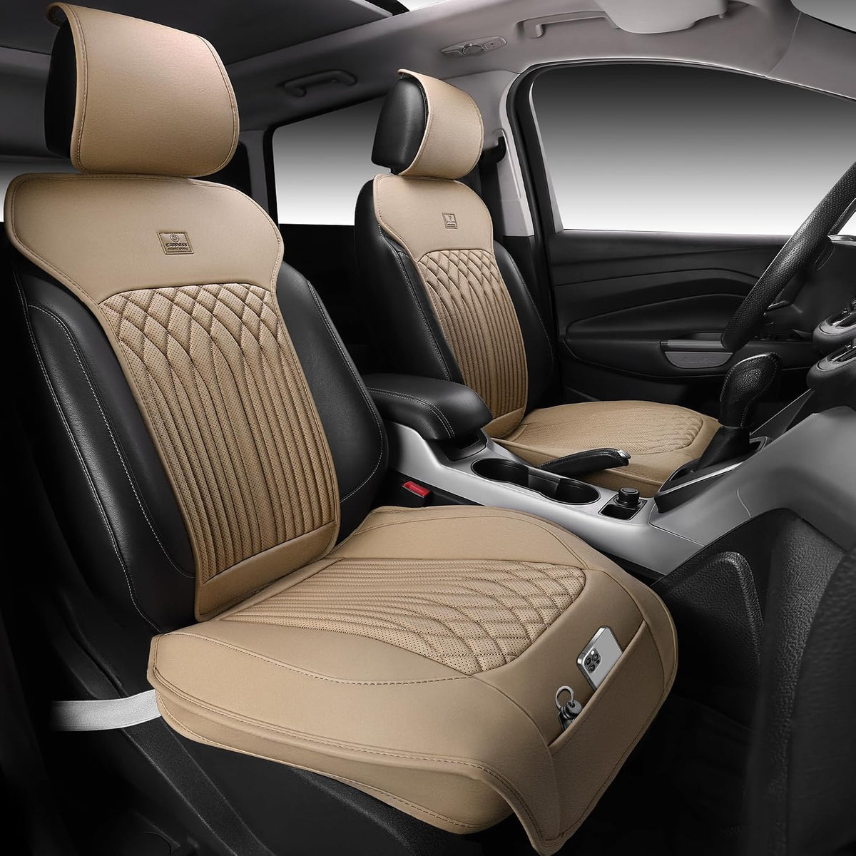 CAR PASS Car Seat Protector, 2 Pack Sideless Nappa Leather Seat Covers for Cars, All Season Waterproof Breathable Front Seats Cushion with Storage Pocket Universal Fit Vehicle Car SUV Truck, All Gray