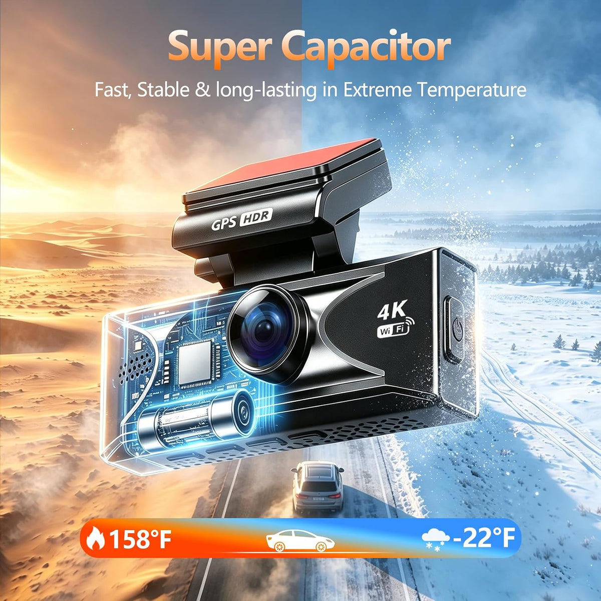 4K Dash Cam Front and Rear, 2.5k Rear,Starlight Night Vision G Sensor ADAS