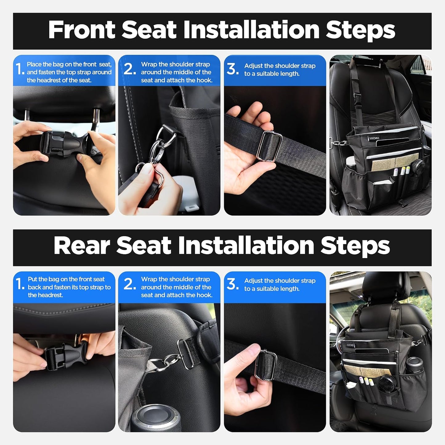 LUCMO Car Seat Organizer with Tablet and Laptop Compartment, Multiple Pockets Truck Front Seat and Backseat Organizer, Portable Large Capacity Office Bag with Adjustable Strap and Hardened Buckles