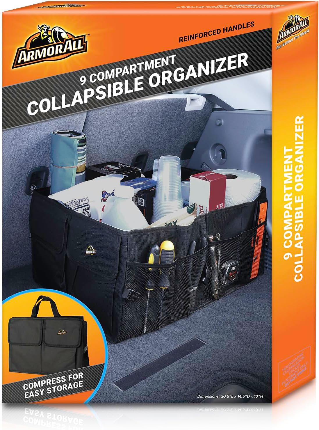 Armor All Trunk Organizer for SUV & Car, Extra-Large 9 Compartment Collapsable Lightweight Waterproof Car Organizer, 3 Compartments, 4 Mesh Pockets, 2 Pockets, 20.5” x 14.5” x 10”, Compression Buckles