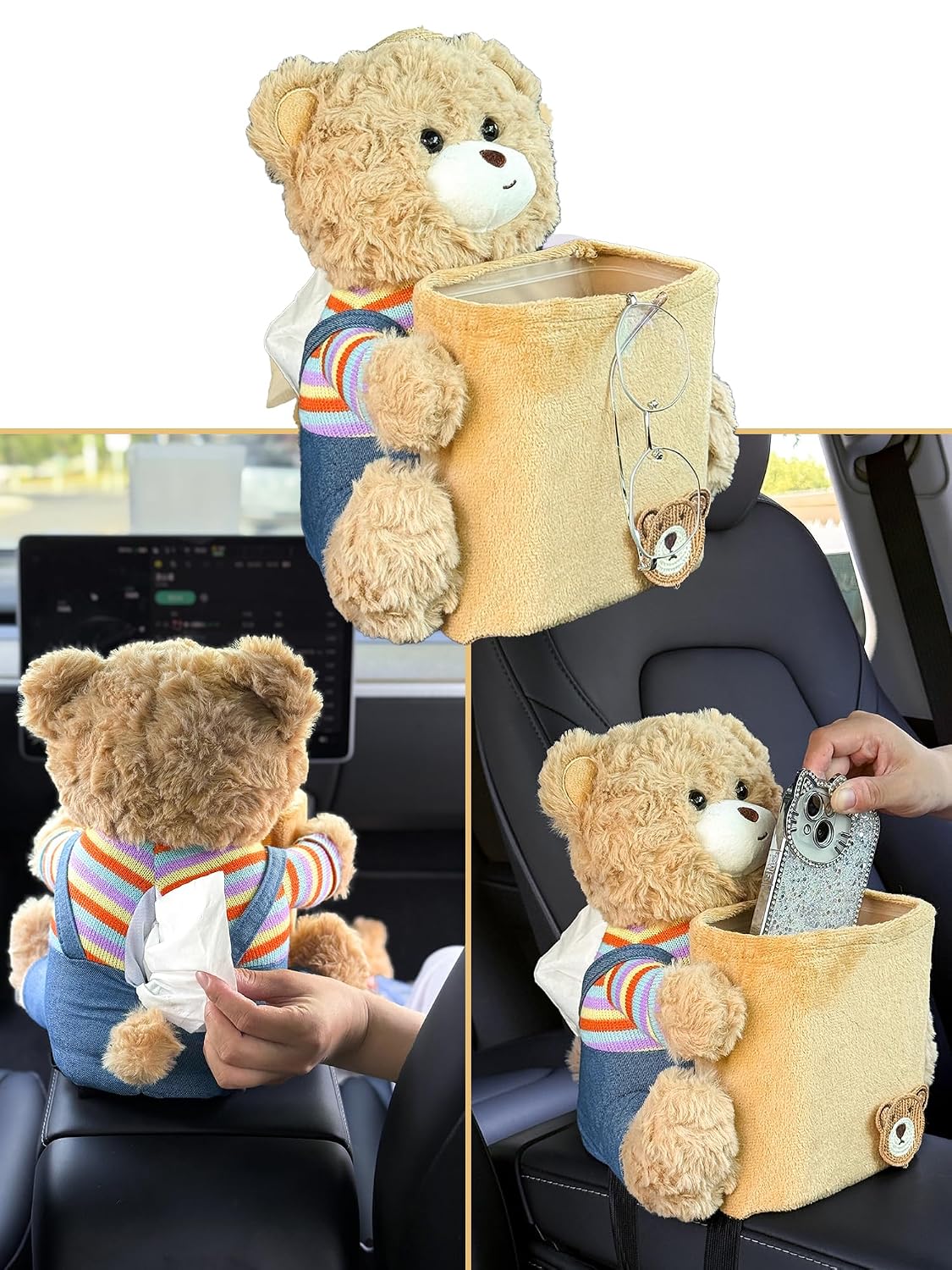 Car Cute 2 in 1 Trash Can with Tissue Holder Box Seat Back Bag Hanging over the Seat Organizer Plush Cartoon Animal Storage Garbage,Brown