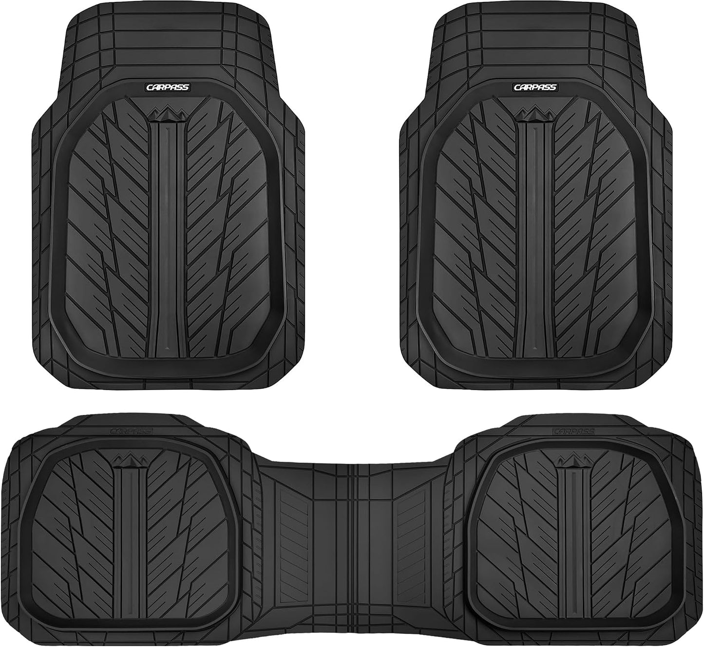 CAR PASS DeepDish Heavy Duty Rubber Floor Mats 3-Piece, Universal M-XL Size Trim-to-Fit Automotive Floor Mats for Truck Van SUV, Durable Waterproof All Weather Car Mats (Solid Black)