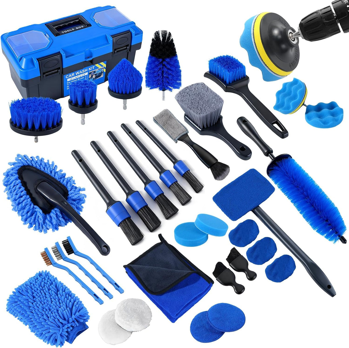 Car Detailing Kit, Car Detailing Brush Set, Car Cleaning Kit, Auto Detailing Tools for Interior Exterior Wheels, Professional Car Wash Accessories with Windshield Cleaning Tool and Storage Box(Grey)