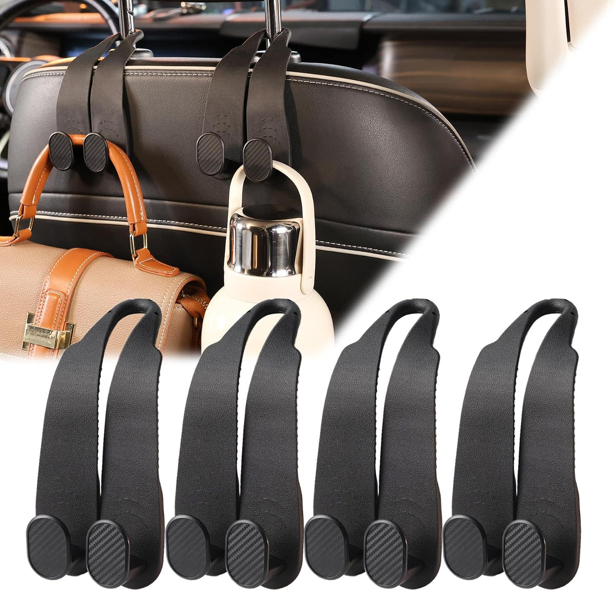 WEIHAO Purse Hook for Car Headrest, Silicone Car Seat Back Storage Hook, Twin Hooks Carbon Fiber Textured Car Headrest Hangers, Bag Holder for Sedan, Trucks, SUVs, Most Vehicles (Black-2PCS)