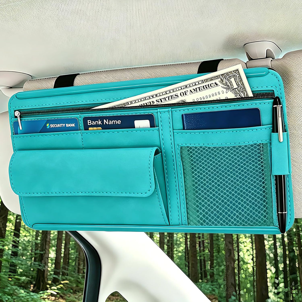 Car Sun Visor Organizer, Visor Accessories, Leather Sunvisor Pocket Organizer Case with Multi-Pocket Net Zipper, Waterproof Auto Sunshade Organizer Bag for Card Pen Sunglasses Document (Black)