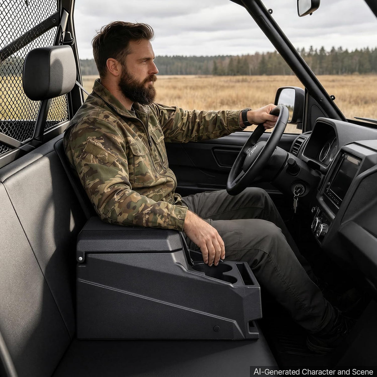 VEVOR UTV Center Console Bench Seat Box Lockable Armrest Storage Box, HDPE Central Console Tools Organizer with Cups and Phone Holder - Compatible with Polaris Ranger & 2017-2026 Can-Am Defender
