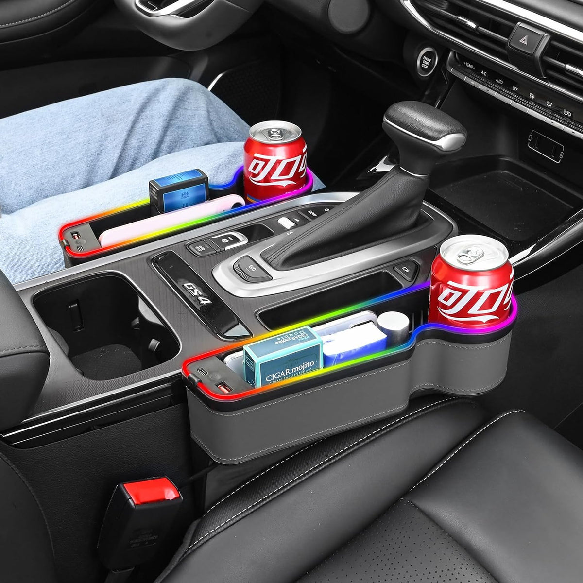 7 Color Led Car Seat Gap Organizer with 56W Cigarette Lighter Adapter,Grey
