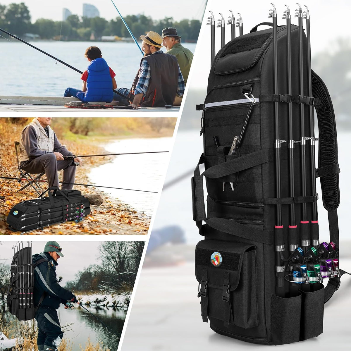 Rexmica Fishing Rod Bag Backpack Holds 8 Rods & Reels, Fishing Tackle Bag with Compartment for Tackle Boxes, Fishing Gear or Equipment, Fishing Pole Carrying Bag with Tactical Molle System