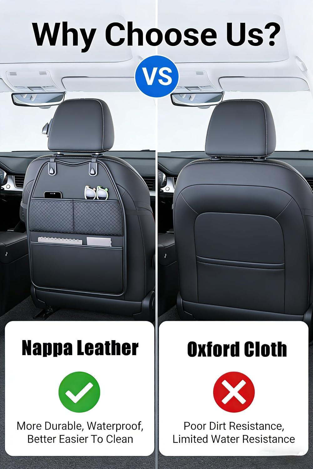 2 Pack Seat Back Protector - Leather Kick Mat with Storage Pockets, Front & Back Seat Cover for Kids -Large Capacity Car Seat Organizers and Storage for Child, Splashproof & Easy Clean