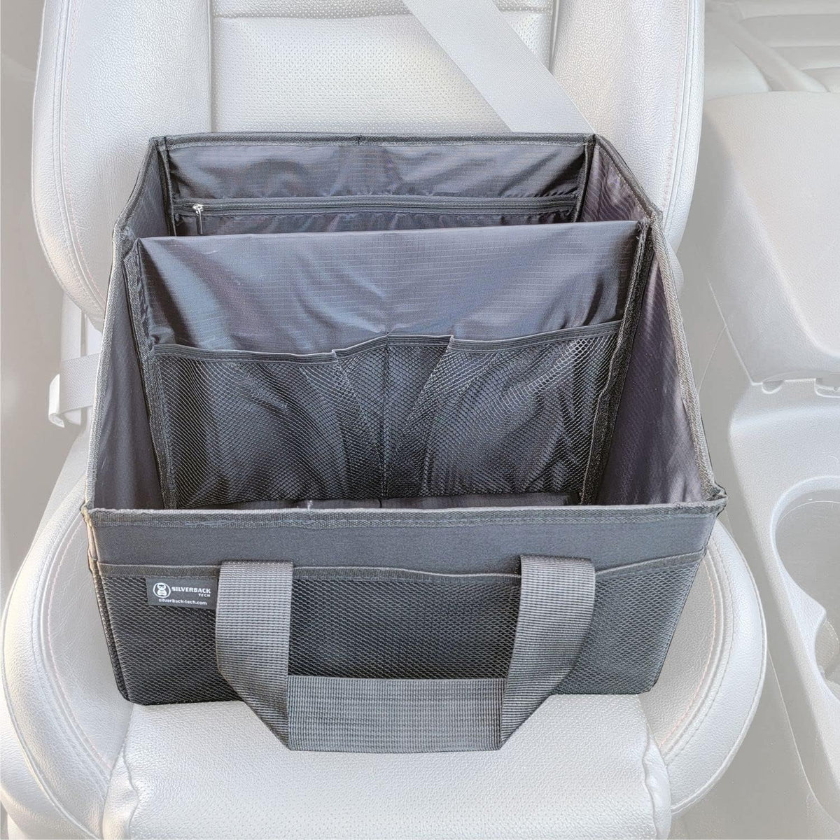 New Wider Tote Organizer, Collapsible with Elastic Strap for Easy Storage, Center Back Seat Container with Seat Belt Securing Loop. Tesla Accessories (Black XL Tote, 1 pack)