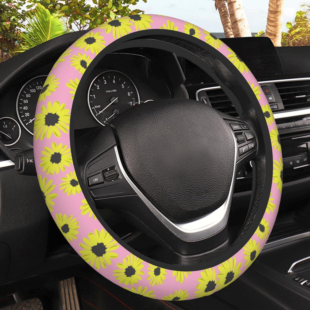 Vintage Black Floral Steering Wheel Covers Universal 15 Inch Car Wheel Cover,Anti-Slip Breathable Car Accessories Protector Fit for Trucks,Sedans,SUVs,Vans