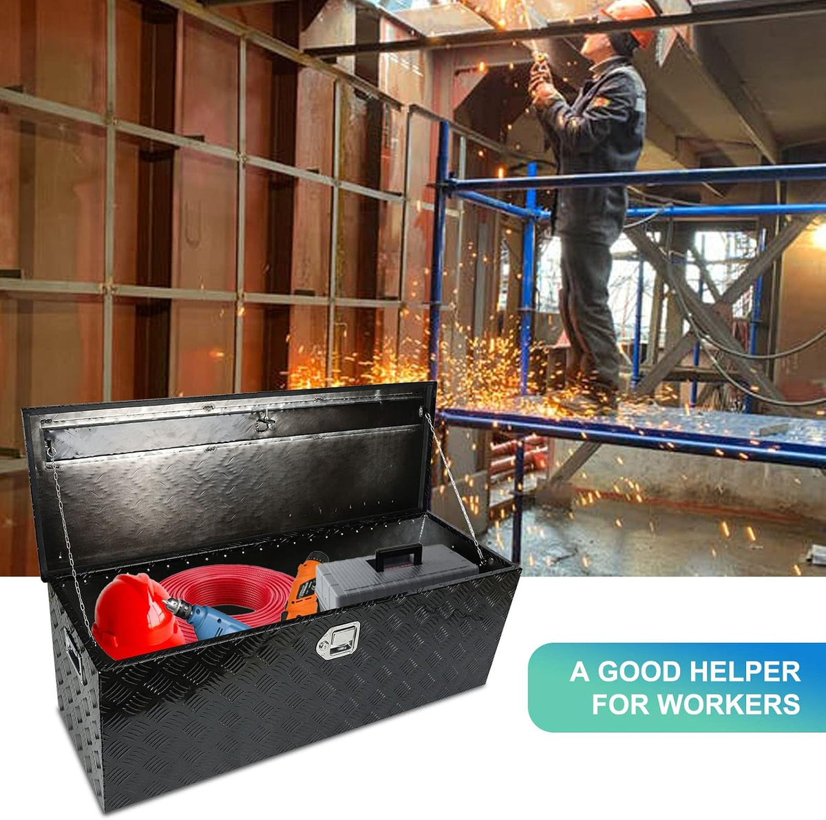 44"X15"X15" Black Aluminum Pickup Truck Bed Storage Tool Box Outside Trailer Storage with Lock and Keys 5 Bar Tread