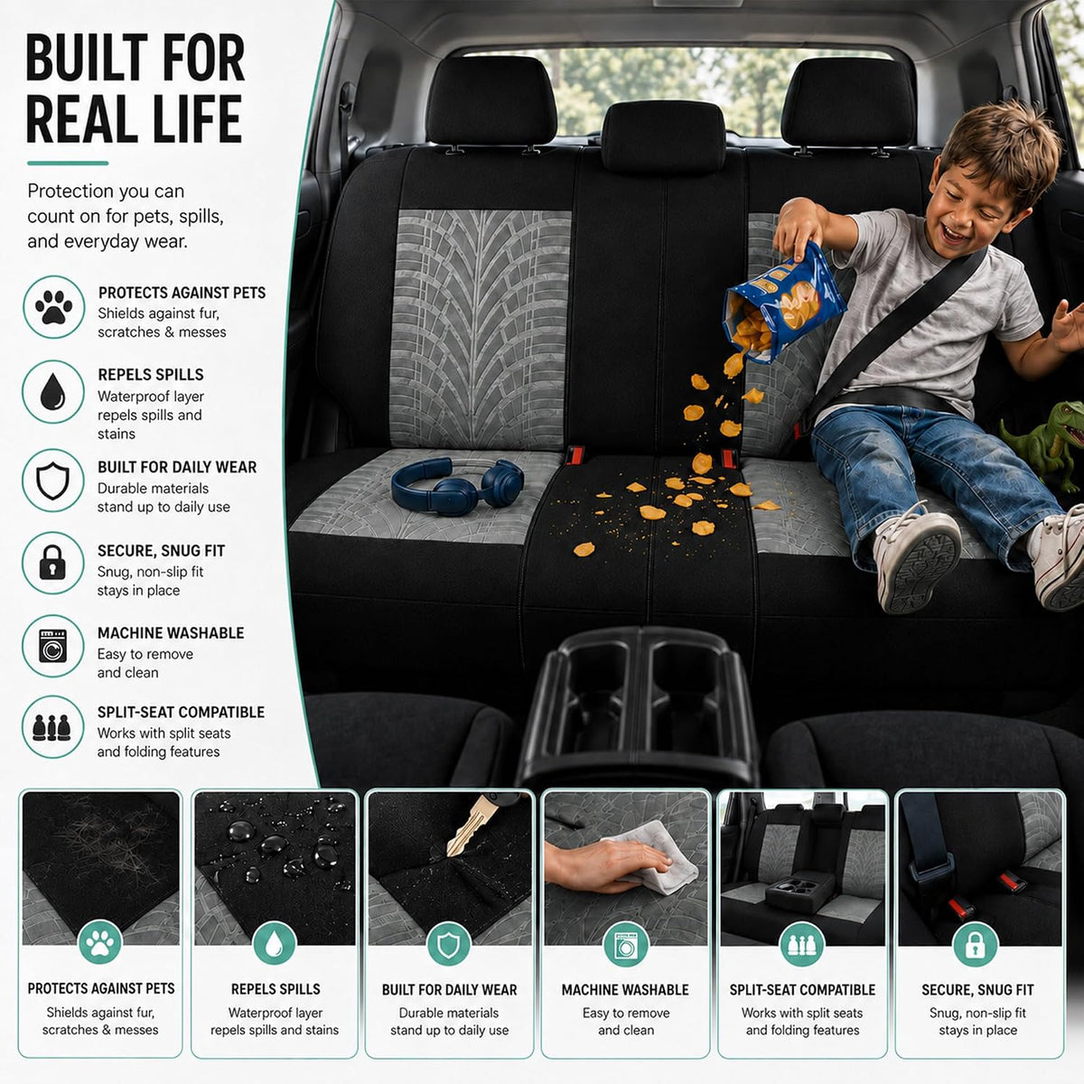 FH Group Full Set Travel Master Car Seat Covers, Airbag and Split Rear Car Seat Cover Universal Fit Interior Accessories for Cars Trucks SUV, Automotive Seat Covers, Gray