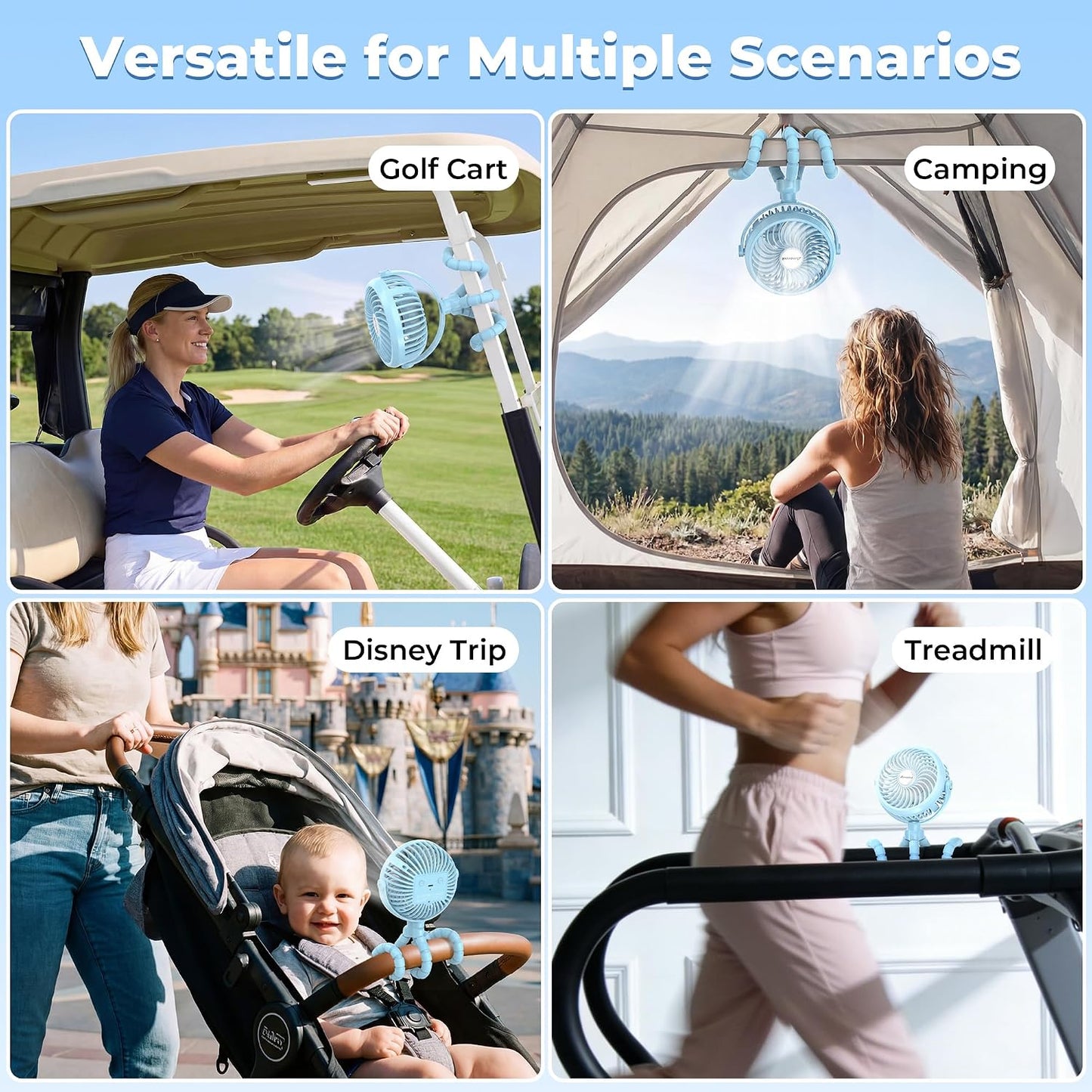 AMACOOL Battery Operated Stroller Fan, Baby Travel Essentials for Beach Disney, Newborn Boy & Girl Showers Gifts Registry Search, Flexible Tripod Clip On Fan for Car Seat Wagon Crib Bike Treadmill